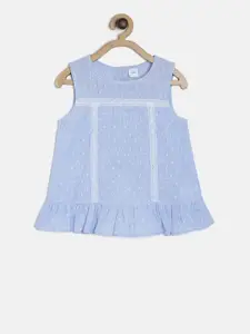 MINI KLUB Girls Blue & White Embroidered Pure Cotton Top With Lace Detailing