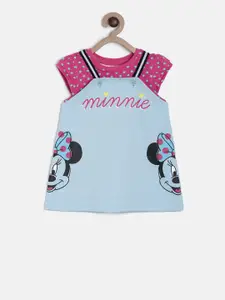 MINI KLUB Girls Pink Disney Printed Pure Cotton Top With Pinafore Dress