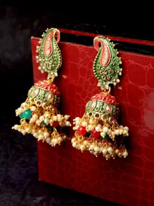 PANASH Gold-Toned & Red Dome Shaped Jhumkas