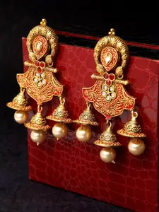 PANASH Gold-Toned & Red Dome Shaped Drop Earrings