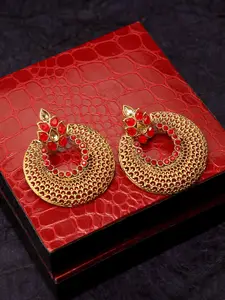 PANASH Gold & Red Crescent Shaped Handcrafted Drop Earrings