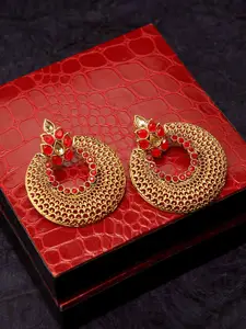 PANASH Gold & Red Crescent Shaped Handcrafted Drop Earrings