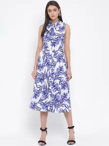 Oxolloxo Women White & Blue Printed Fit and Flare Dress with Tie-Ups