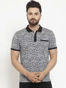 WILD WEST Men Grey  Black Printed Polo Collar Pure Cotton T-shirt