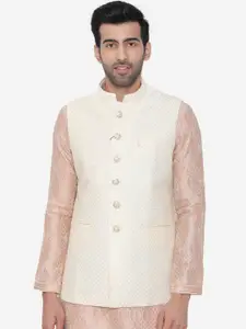 Manyavar Men Cream-Coloured Woven Design Nehru Jacket