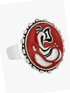 Adwitiya Collection Adwitiya Oxidised Silver-Plated & Red Enamelled Adjustable Finger Ring