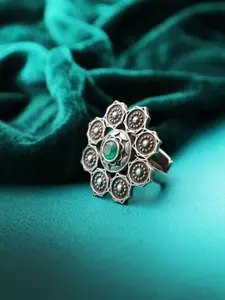Adwitiya Collection Silver-Plated & Green Oxidized Stone-Studded Adjustable Finger Ring