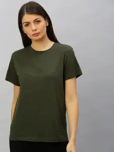 Roadster Women Olive Green Solid Round Neck T-shirt