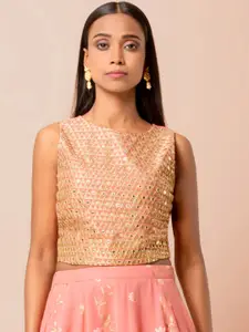 Rang by Indya Women Pink & Beige Mirror Work Embellished Crop Top