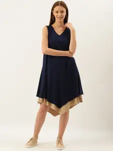 AND Women Navy Blue Solid Layered Asymmetric A-Line Maternity Dress
