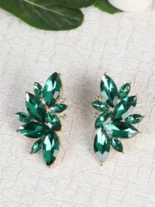 Shining Diva Fashion Green And Gold-Plated Crystals Studded Contemporary Studs
