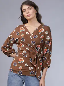 Tokyo Talkies Women Olive Brown Printed Wrap Top