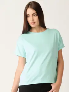 ether Women Blue Solid Boxy Round Neck T-shirt