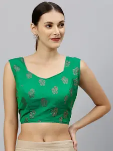Amrutam Fab Women Green & Golden Printed Styled Back Blouse with Tie-Ups