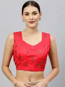 Amrutam Fab Women Pink & Golden Printed Styled Back Blouse with Tie-Ups