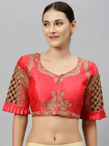 Amrutam Fab Women Coral Pink Embroidered Saree Blouse