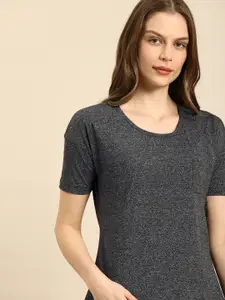 ether Women Charcoal Grey Solid Grindle Effect Round Neck T-shirt