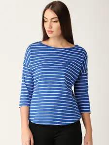 ether Women Blue & White Striped Round Neck T-shirt