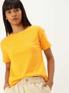 ether Women Yellow  White Striped Round Neck Pure Cotton T-shirt