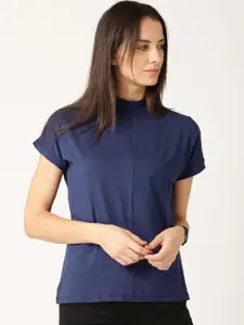 ether Women Navy Blue Solid High Neck T-shirt