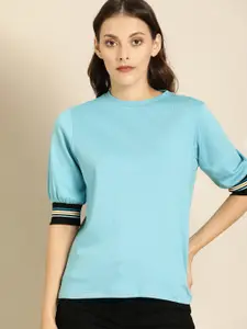ether Women Turquoise Blue Solid Round Neck Puffed Sleeve Pure Cotton T-shirt