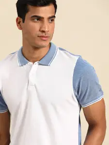 ether Men White & Blue Pure Cotton Colourblocked Polo Collar T-shirt