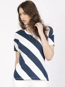 ether Women Navy  White Diagonal Striped Round Neck Drop Shoulder Pure Cotton T-shirt