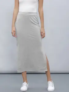 ether Women Grey Melange Solid Maxi Pencil Skirt With Side Slit