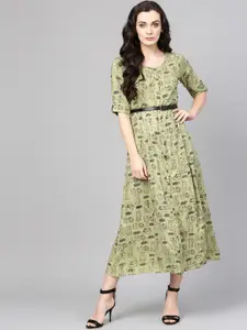 Varanga Women Green Printed Empire Dress
