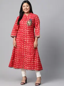 Divena Women Red & Beige Pleated Embroidered Detail Printed A-Line Kurta