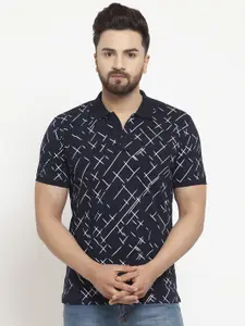 WILD WEST Men Navy Blue  White Printed Polo Collar Pure Cotton T-shirt