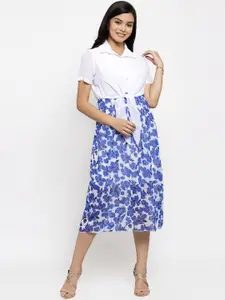 KASSUALLY Women Blue and White Printed Fit and Flare Dress With Front Knot