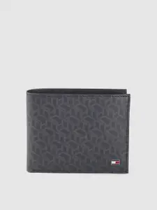 Tommy Hilfiger Men Navy Blue & Grey Geometric Printed Leather Two Fold Wallet