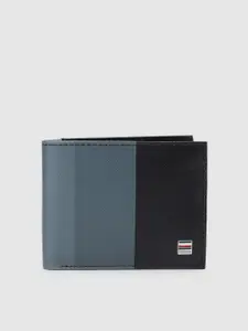 Tommy Hilfiger Men Black & Grey Striped Genuine Leather Two Fold Wallet