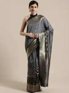 Saree mall Charcoal Grey & Golden Woven Design Banarasi Saree