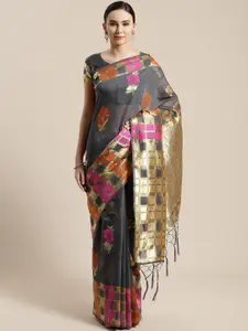 Saree mall Charcoal Grey & Orange Floral Woven Design Bhagalpuri Saree