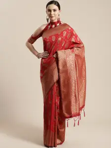 Saree mall Red & Golden Paisley Woven Design Banarasi Saree