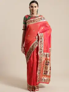 Saree mall Coral Red & Golden Woven Design Banarasi Saree