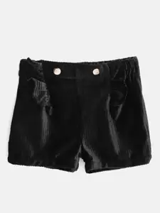 Cherry Crumble Girls Black Self-Striped Velvet Finish Regular Fit Shorts