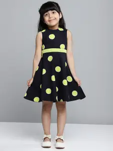YK Girls Navy Blue & Yellow Polka Dot Print Fit & Flare Dress