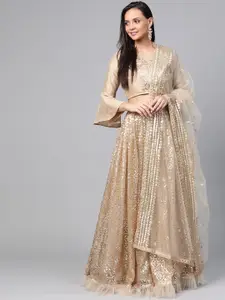 SHOPGARB Golden Sequined Semi-Stitched Lehenga & Unstitched Blouse with Dupatta