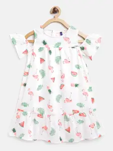 YK Disney Girls White & Coral Pink Tropical Print A-Line Dress
