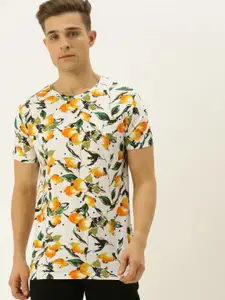 VEIRDO Men White & Orange Floral Printed Round Neck T-shirt