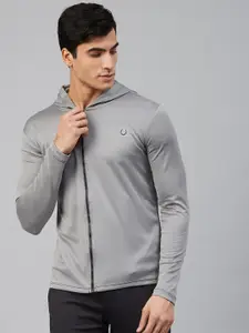 Fitkin Men Grey Solid Hooded Sporty Jacket