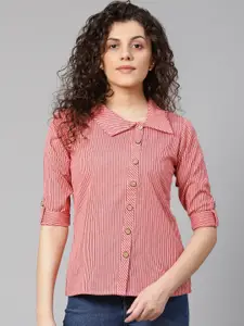 YASH GALLERY Women Pink & Black Regular Fit Striped Casual Shirt
