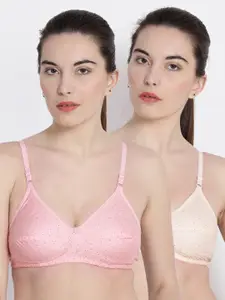 ABELINO Pack Of 2 Beige & Pink Printed Non-Wired Non Padded T-shirt Bra