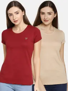 TWIN BIRDS Women Pack Of 2 Solid Round Neck Pure Cotton T-shirt