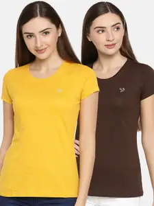 TWIN BIRDS Women Pack Of 2 Yellow  Brown Solid Round Neck Pure Cotton T-shirt
