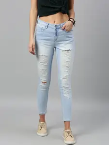 Roadster Women Blue Skinny Fit Mid-Rise Highly Distressed Stretchable Cropped Jeans