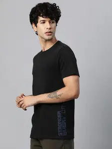 HRX by Hrithik Roshan Men Black Solid Printed Lifestyle Pure Cotton T-shirt